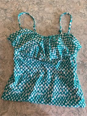 Women’s Teal & White Polka Dot Ruffle Tankini Top size L